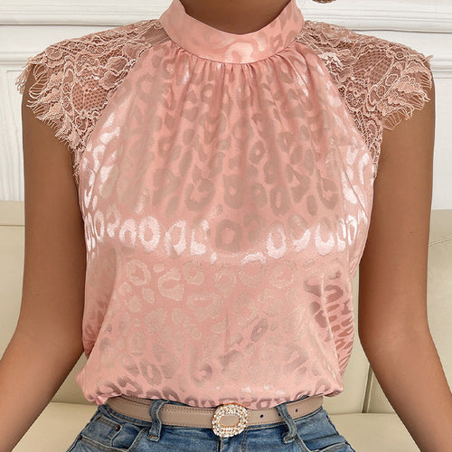 Blus Dam Leopardmönstrad med Halvhög Krage och Spetsärmar Polyester-1