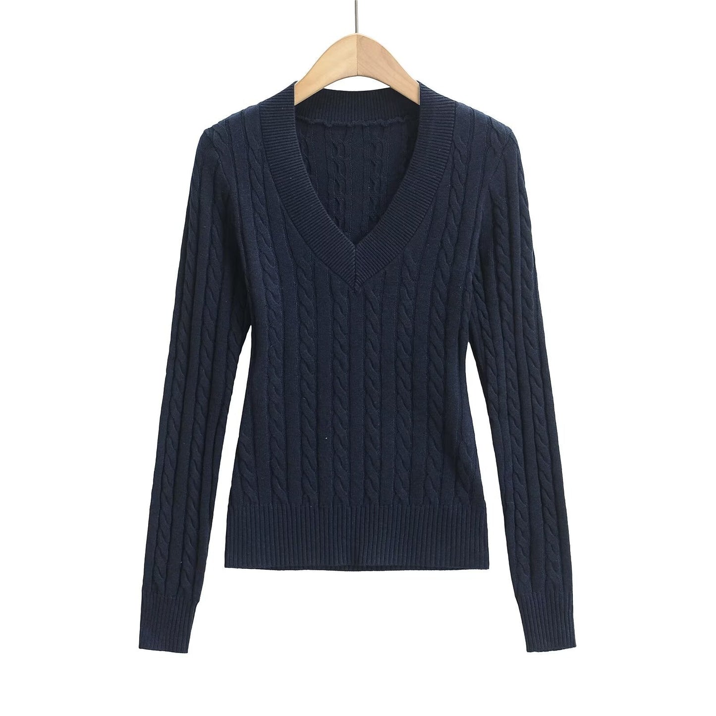 Dam Stickad Tröja V-ringning Kabelmönster Bomull Avslappnad Passform 10