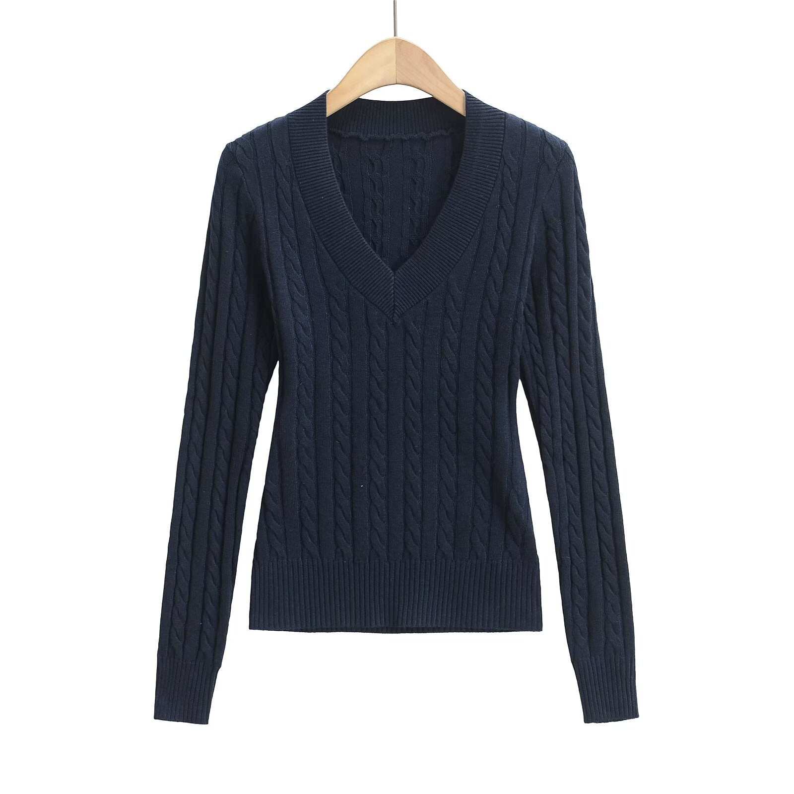 Dam Stickad Tröja V-ringning Kabelmönster Bomull Avslappnad Passform 10