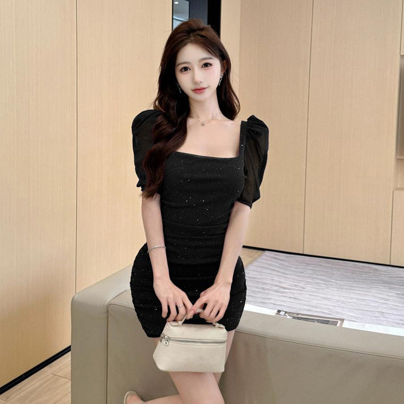 Variant image for Kvinnors Mini Klänning Fyrkantig Halsringning Puffärmar Högkvalitativt Tyg-1