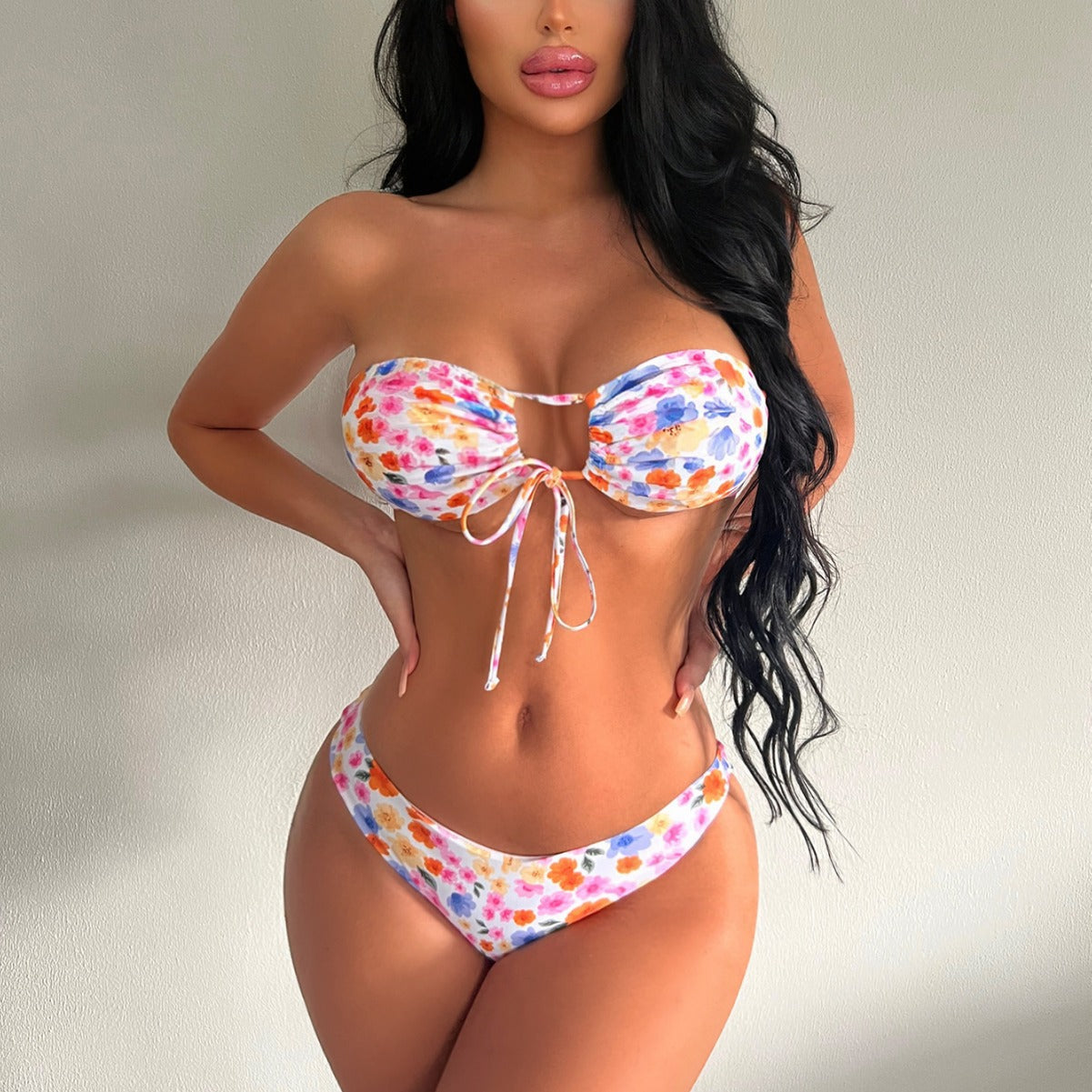 Dam Bikini Bandeau Blommig Design med Justerbara Sidoband-4