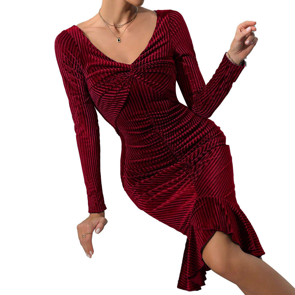 Dam Ribklänning V-ringning Långa Ärmar Elastiskt Tyg-6