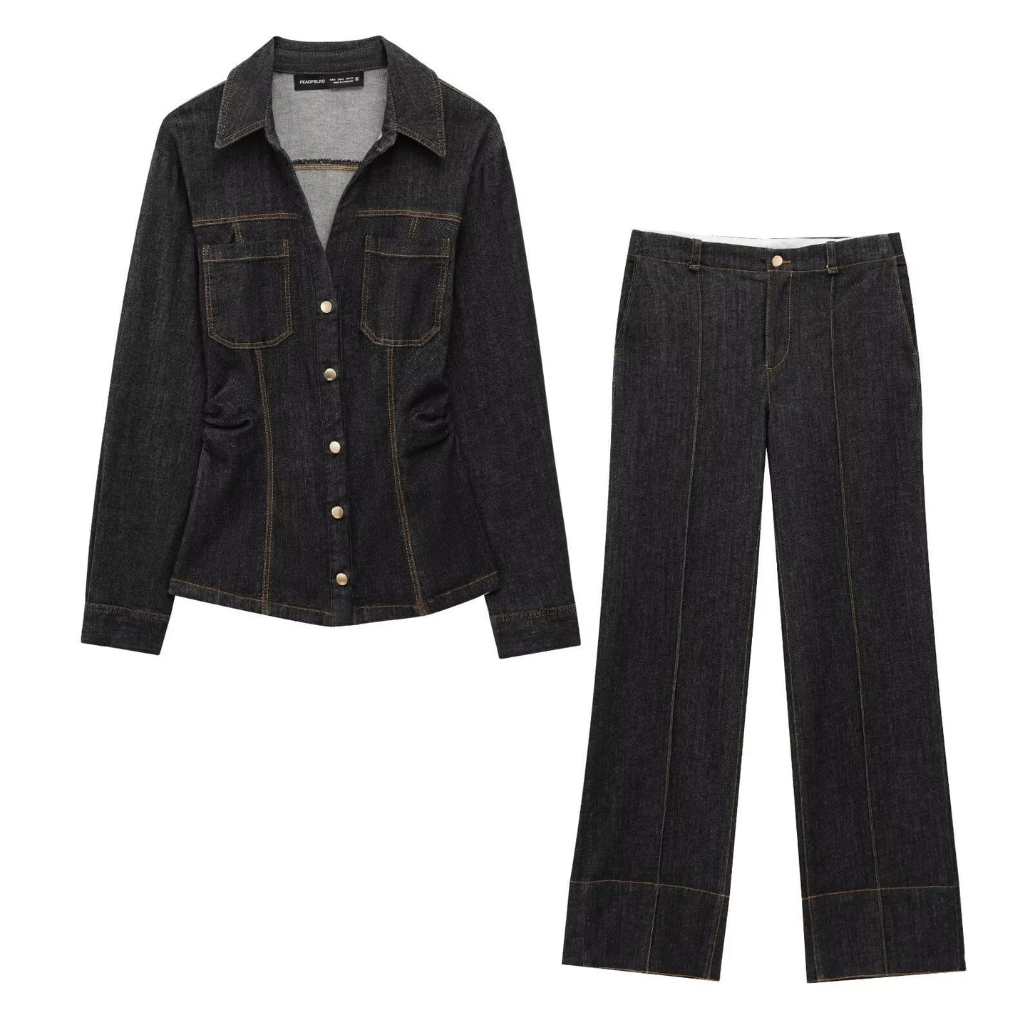 Dam Denim Set Högmidjade Jeans Skjorta 3D Effekt-2