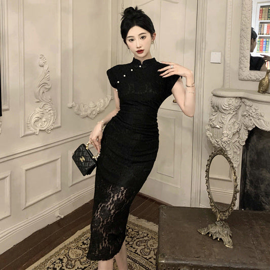Dam Qipao Klänning Midi Längd Högkvalitativt Tyg för Bröllop och Formella Evenemang-1