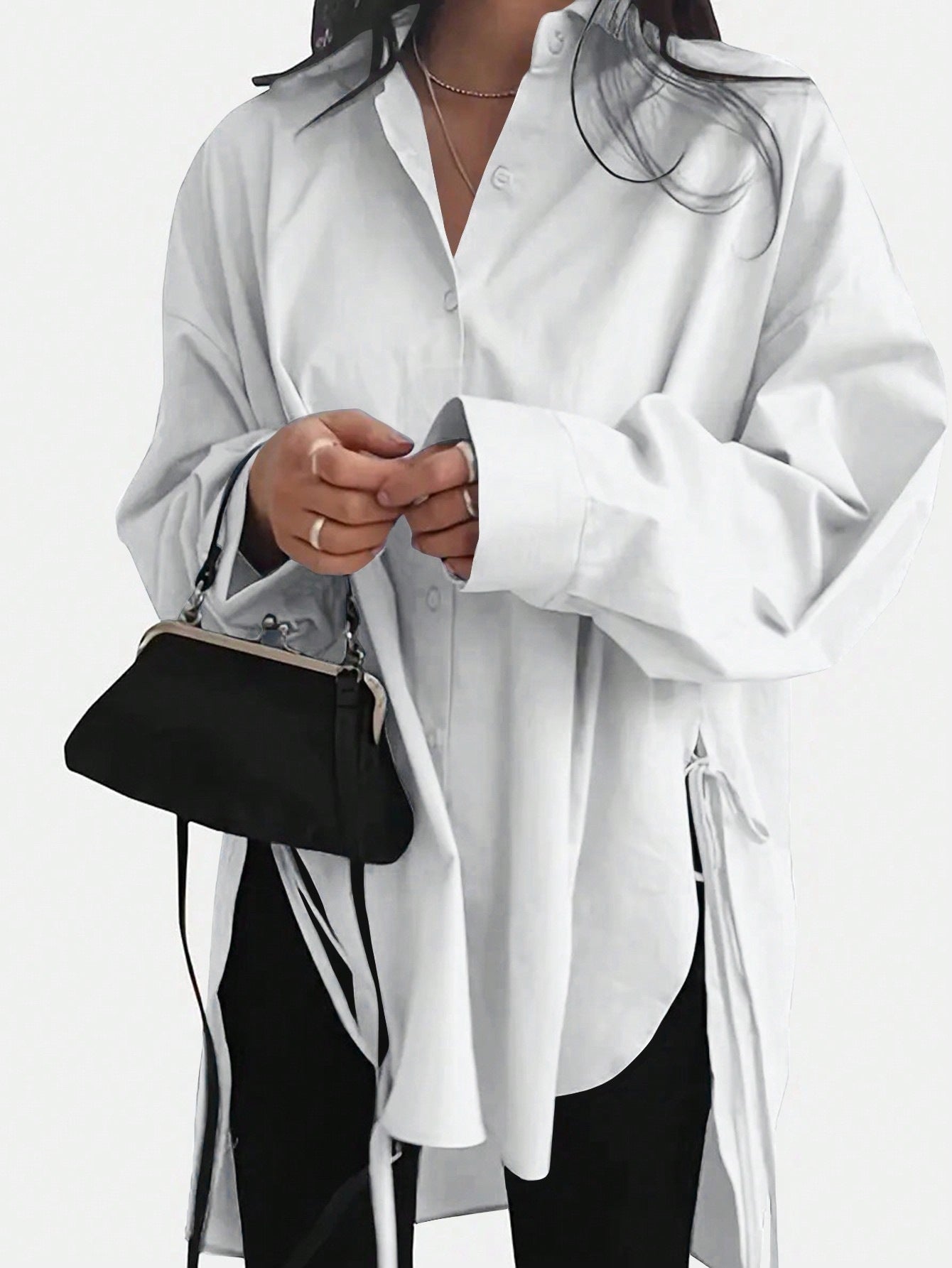 Dam Lång Skjorta Snörning Polyester Streetwear-3