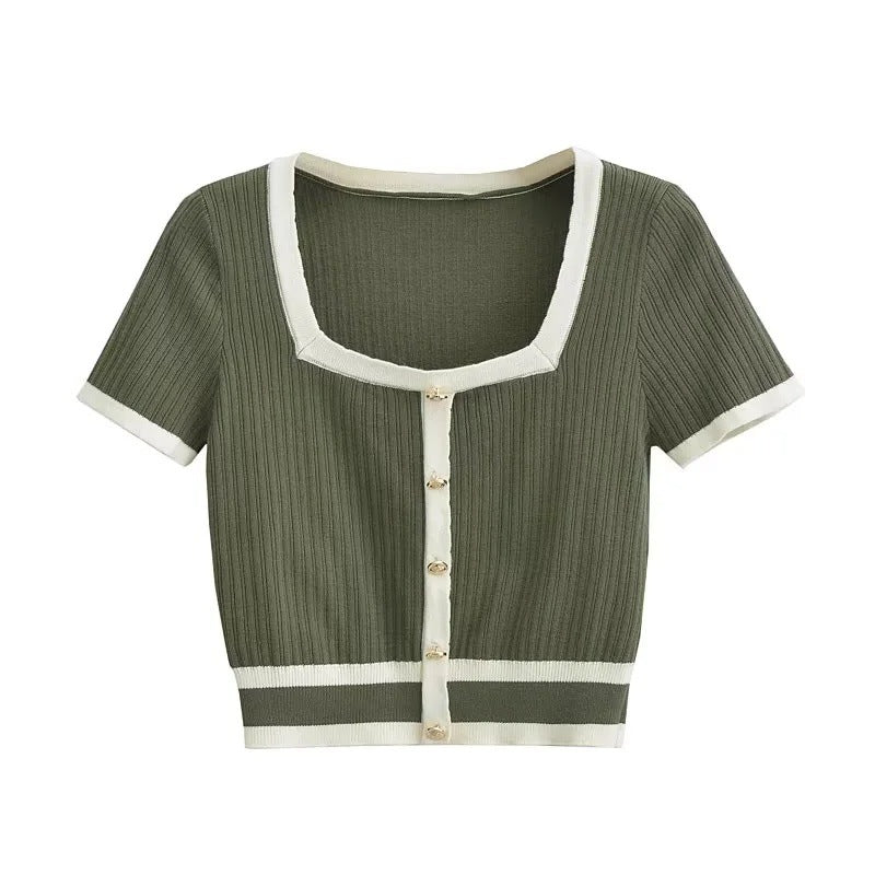Kvinnor Crop Top Kortärmad Bomullsmix Med Fyrkantig Halsringning 6