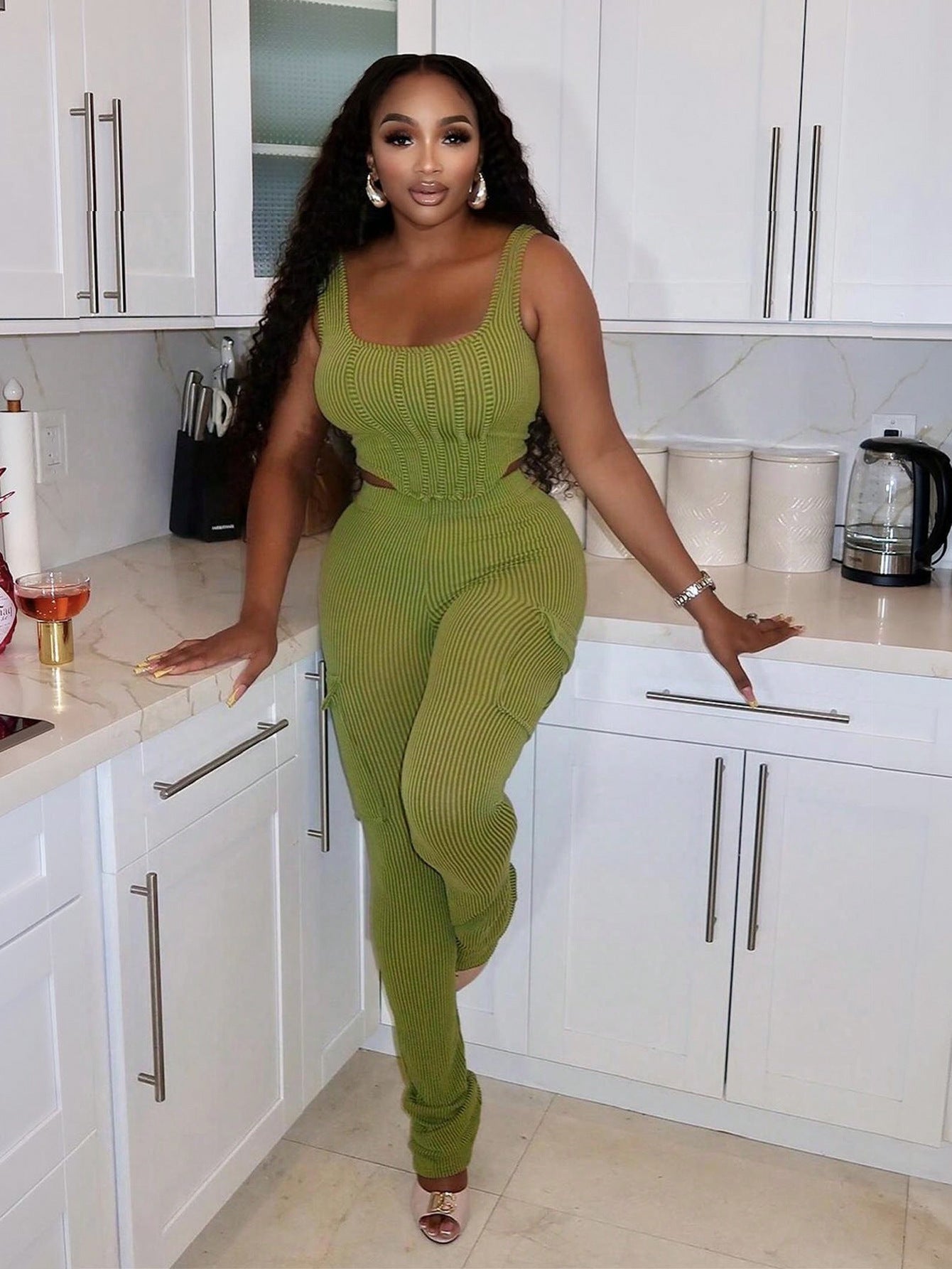 Dam Tank Top och Byxor Set Polyester Spandex-5