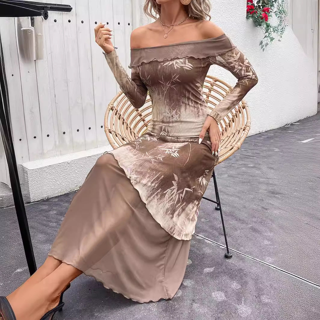 Damklänning Midi Off-Shoulder Transparent Bambu med Blommönster-4