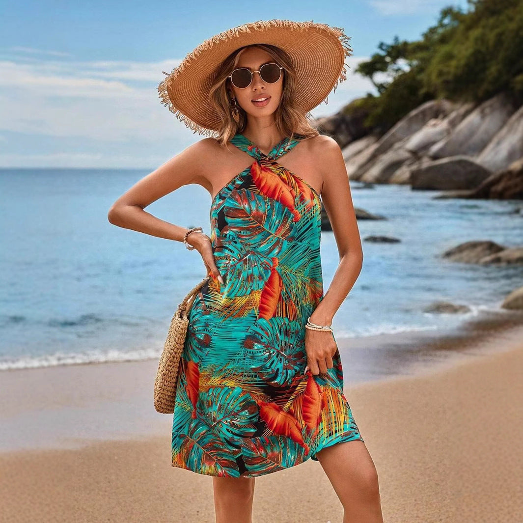 Dam Strandklänning Löst Midja Ärmös Polyester Blommönster-4