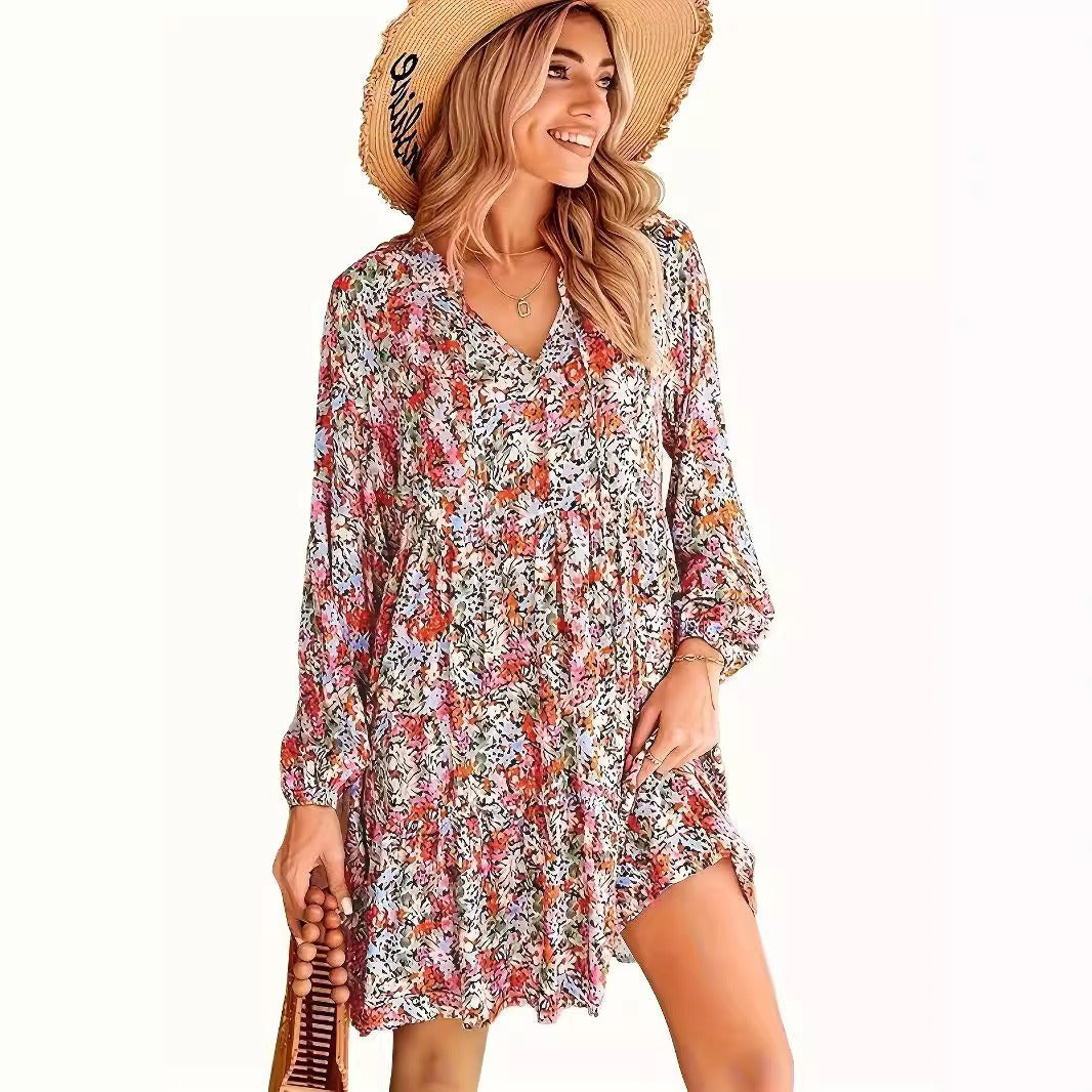 Blommig Midi Klänning för Dam med V-ringning och Långärmar – Eleganta Fina Damklänningar i Polyester 5