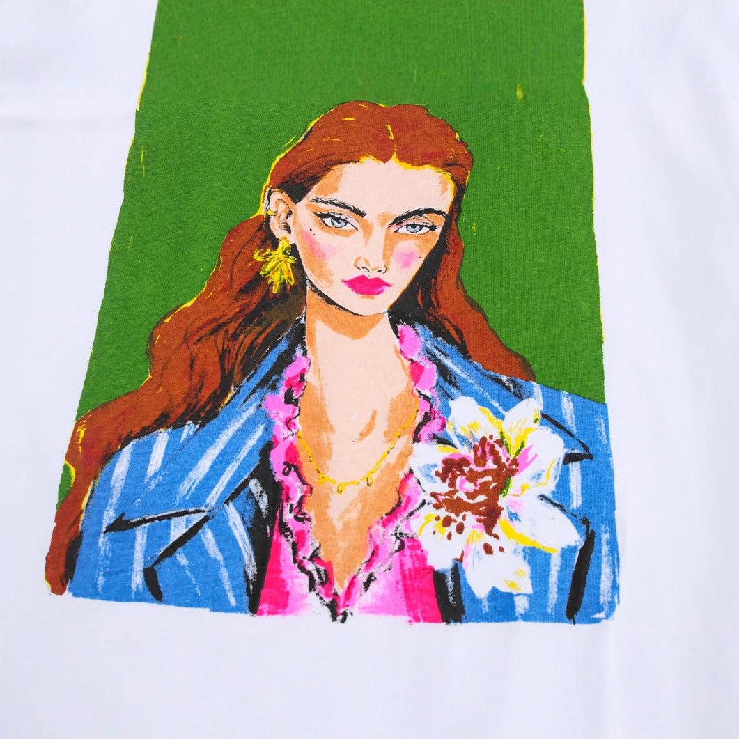 Dam T-shirt Kortärmad Bomull med Kreativt Konsttryck-4