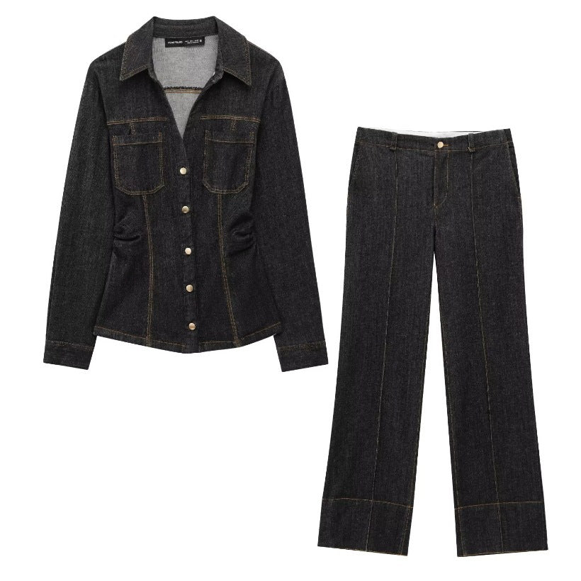 Dam Denim Set Högmidjade Jeans Skjorta 3D Effekt-6