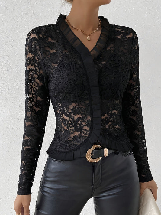 Blus Dam Rufsad V-hals Geometriskt Mönster Slim Fit Polyester-1