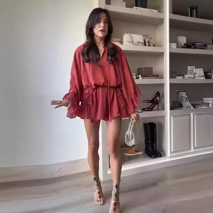 Damkläder Röd Ruffle Set V-Hals Topp Polyester Minikjol-5