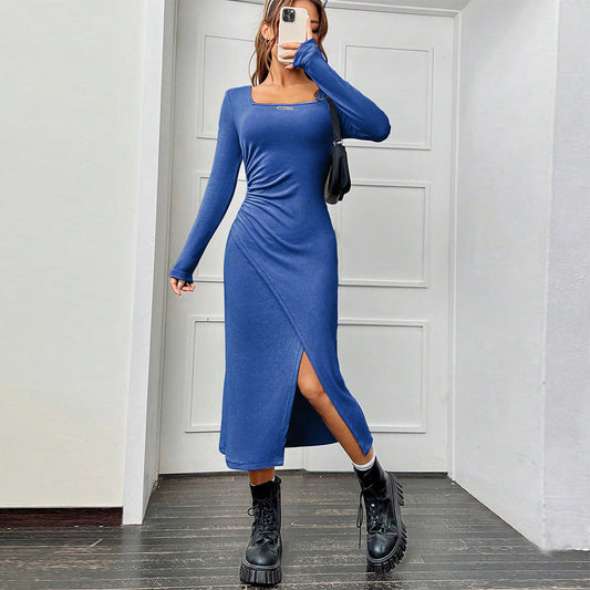 Dam Klänning Långärmad Midi Enfärgad Polyester-1