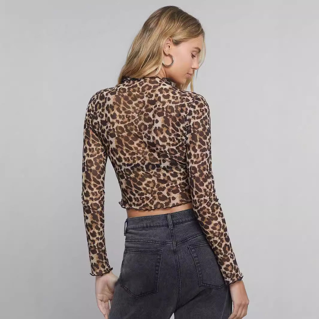 Dam Långärmad T-Shirt Leopardmönster Slim Fit Ståkrage Nätverk-3