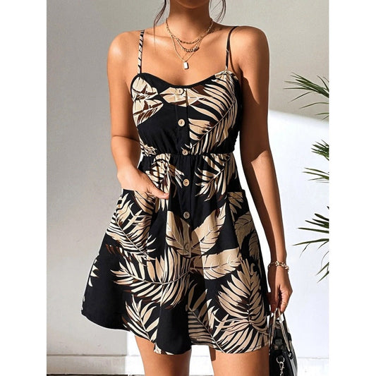Damklänning Blommönster Elastisk Midja Polyester Ärmlös-1