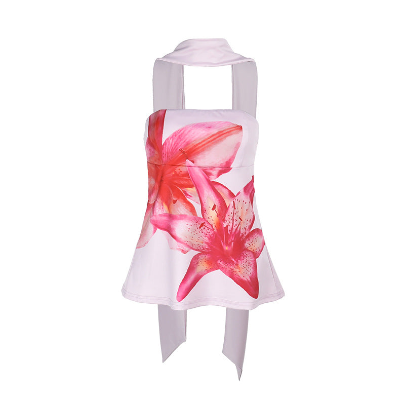 Dam Tankini Topp Blommigt Snabbtorkande Material med UV-skydd-6