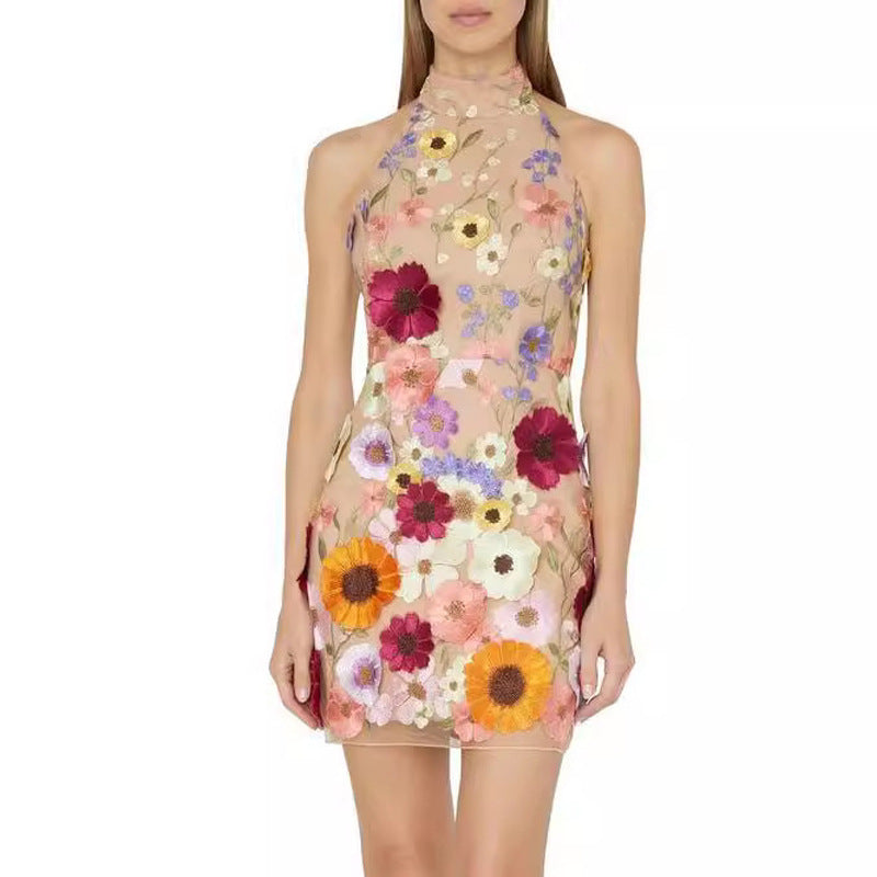 Dam Cocktailklänning Halterneck Bodycon Polyester med Blommönster-4