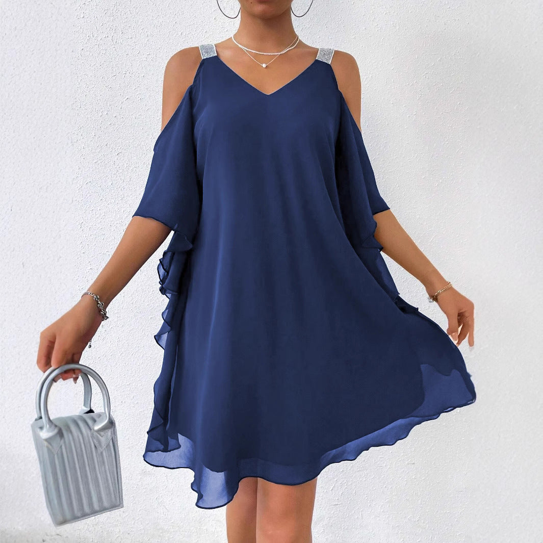 Kvinnor Midi Klänning V-Neck Chiffong med Paljetter-3