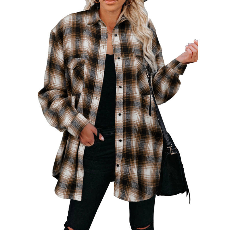 Dam Skjorta Långärmad Rutig Polyester Löst Fit-3