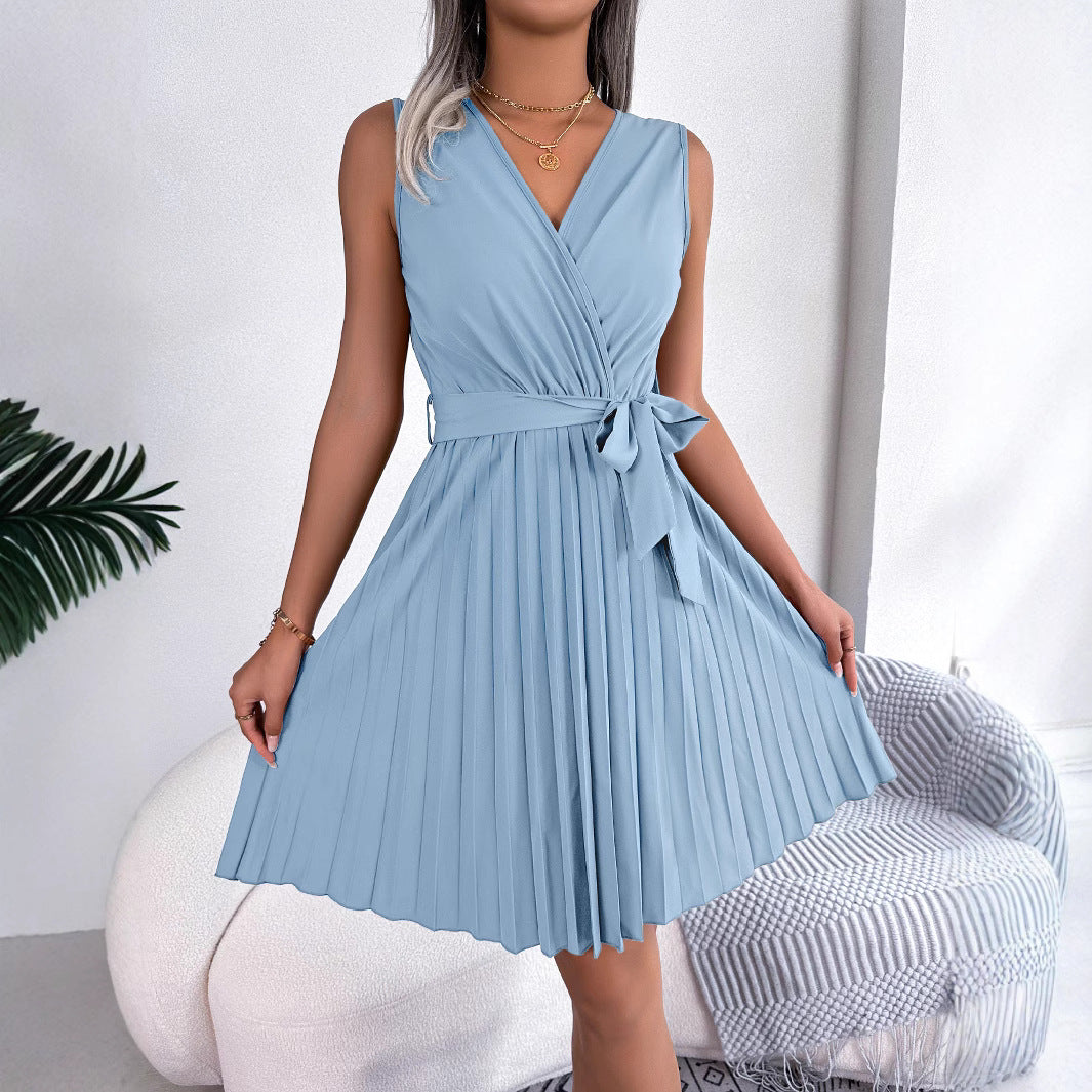 Kvinnors Midi Klänning V-Hals Chiffon Elastisk Midja-3