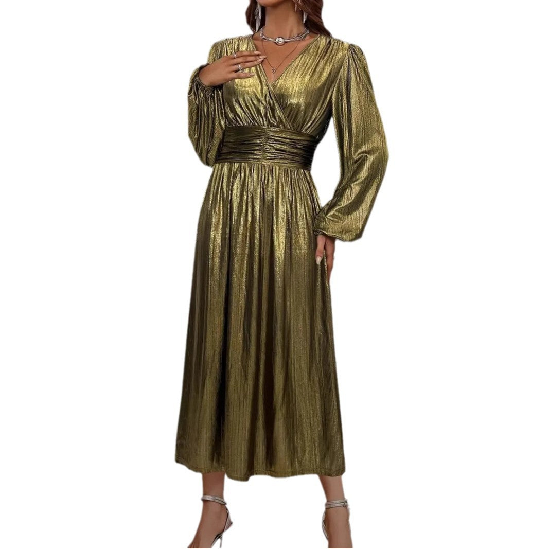 Kvinnors Midi Klänning Puffärmar Metallisk Glans Polyester Elastan 5
