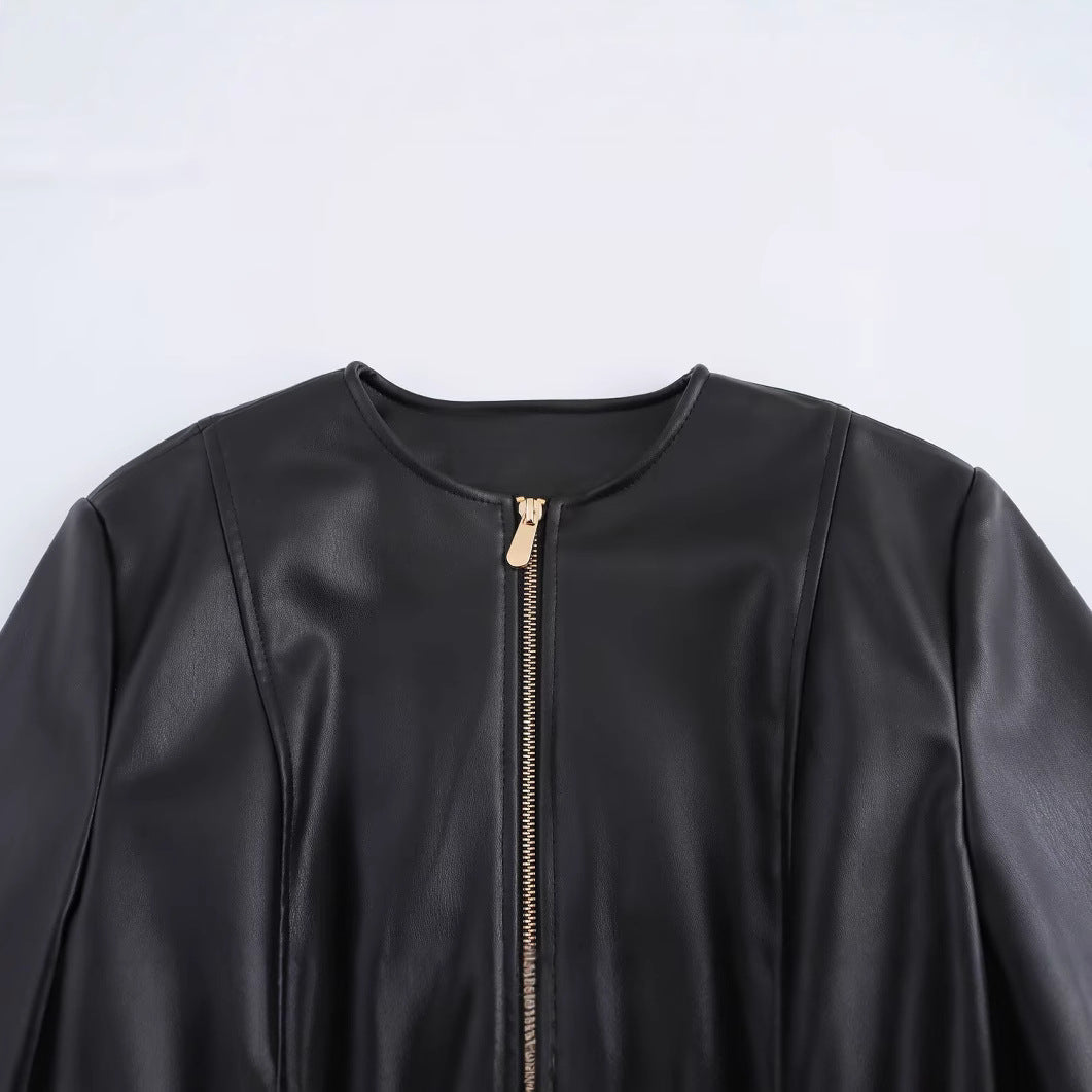 Damjacka Kort i Konstläder med Rundhals och Bekväm Passform-3