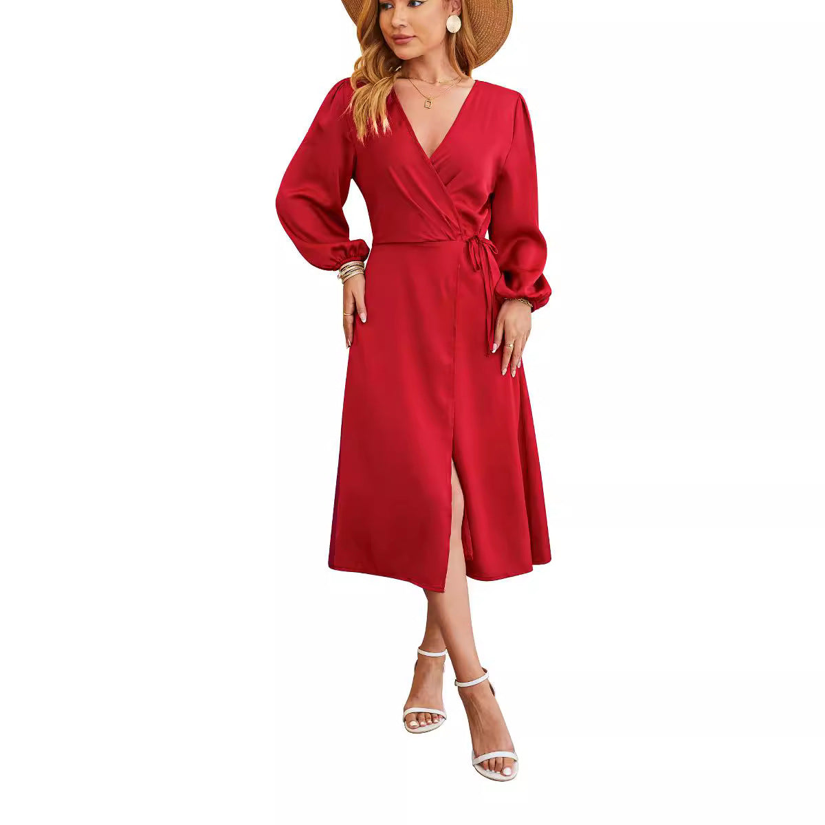 Kvinna Midi Klänning V-Neck Satin A-Linjeform Puffärmar-6