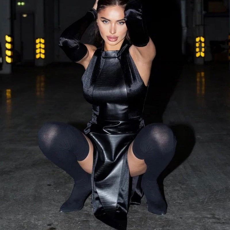 Kvinnors Klänning Slits Detaljer Glänsande Tyg 2