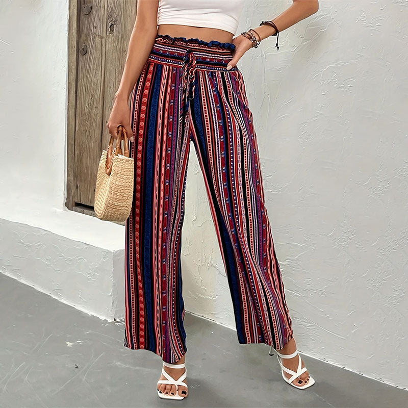 Kritstrecksrandiga Byxor Dam med Resår i Midjan – Snygga Avslappnade Byxor i 100% Bomull, Perfekta för Varma Dagar 1