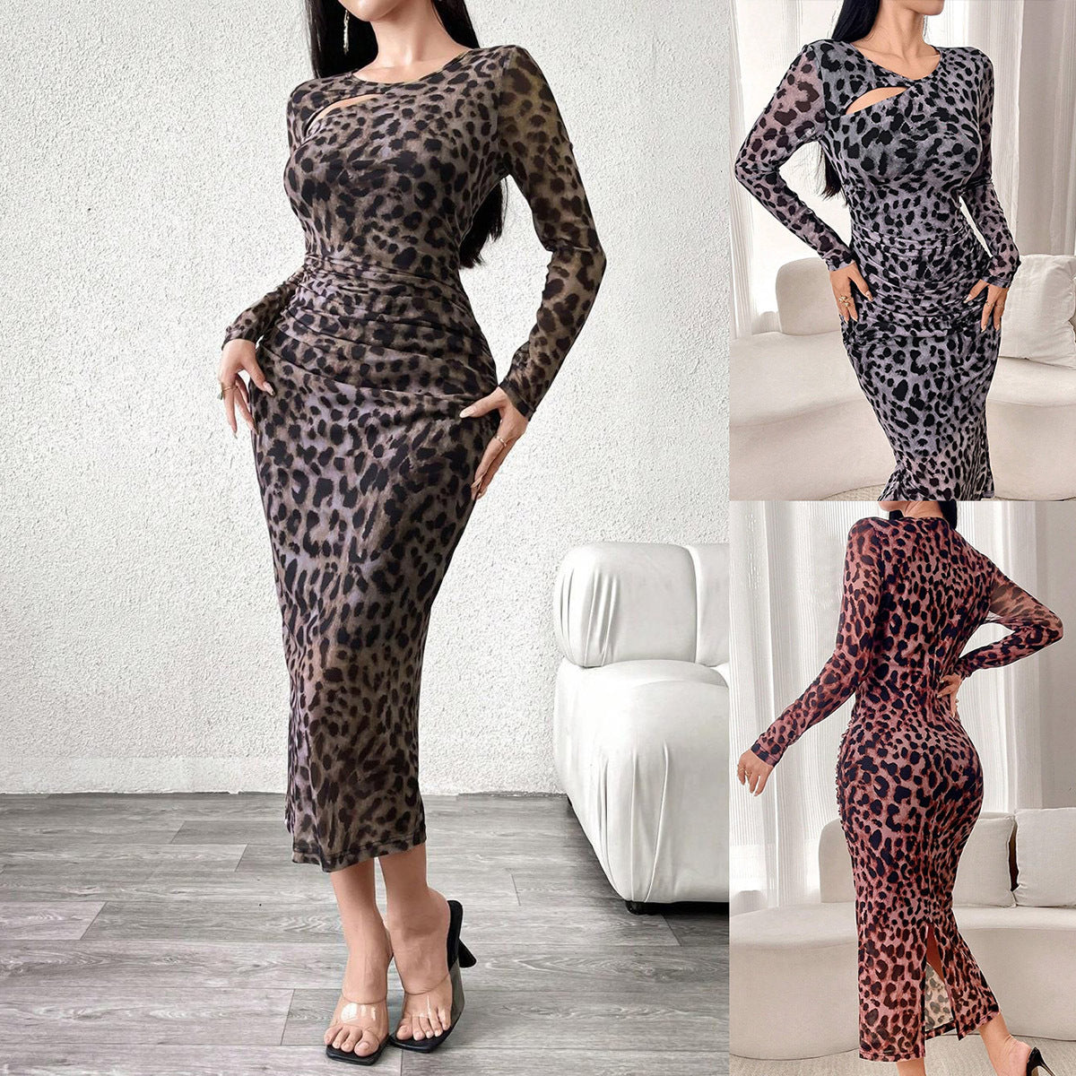 Dam Lång Kjol Leopardmönstrad Figurbetonad Polyester-2