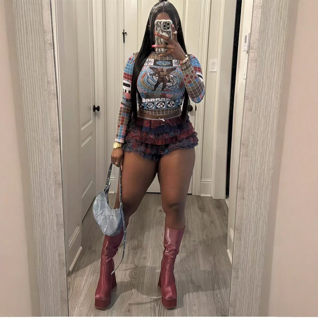 Kvinna Mini Kjol Set Långärmad Polyester Spandex-4