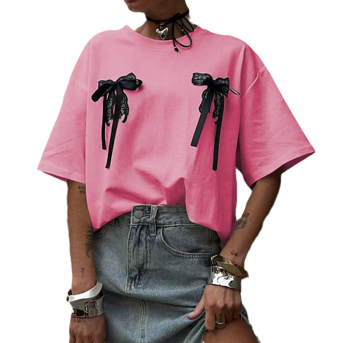 Avslappnad Dam T-Shirt i Andningsbar Bomullsmix med Unika Slingapparater – Trendig Oversized Passform 5