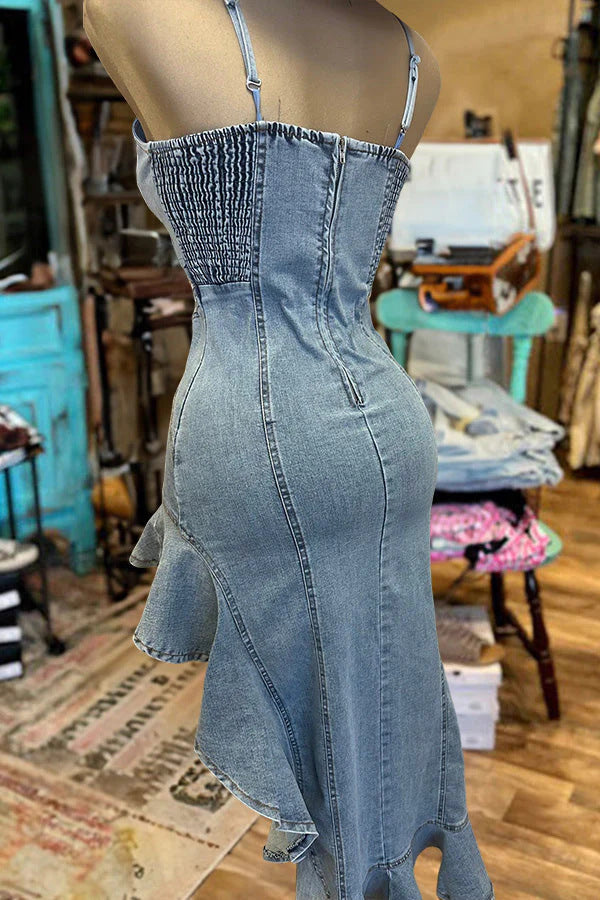 Damklänning Oregelbunden Denim med Rynkor Spandex Lång-5