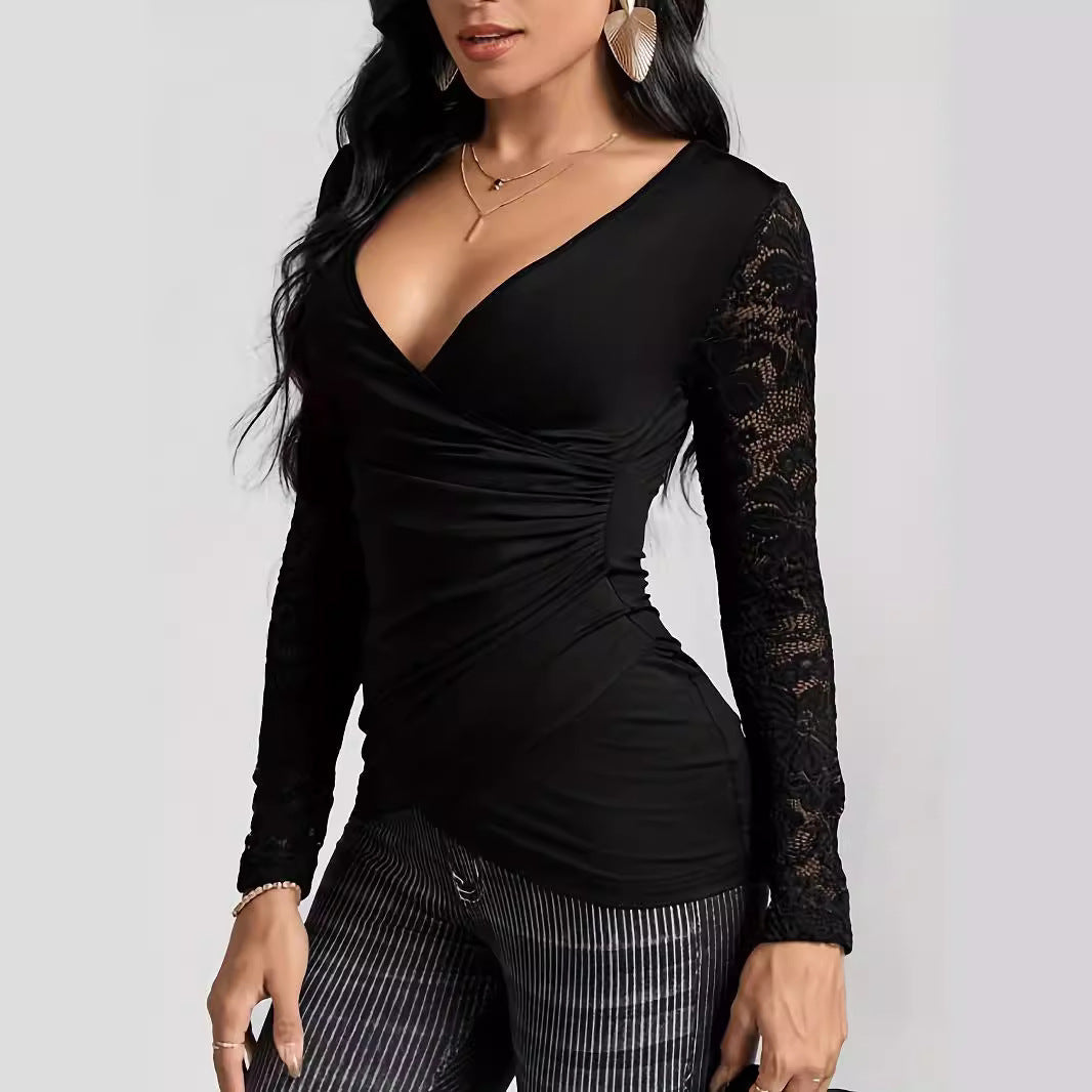 Dam Långärmad T-shirt Slim Fit Rayon med Överlappande Krage-2