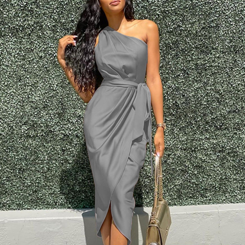 Variant image for Kvinnors Midi Klänning Asymmetrisk Satin Ärmlös Elegant-31