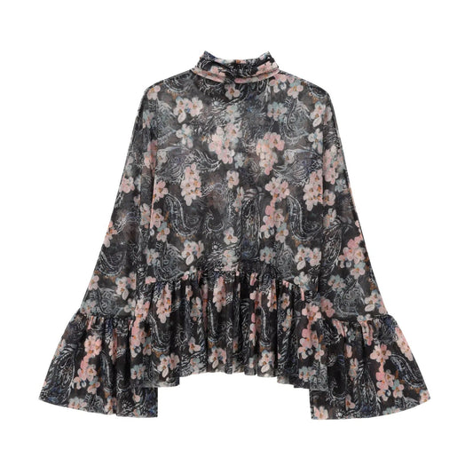 Blus Dam med Blommigt Mönster och Ruffle Design â LĂ€tt och BekvĂ€m för VĂ„r och Sommar 1