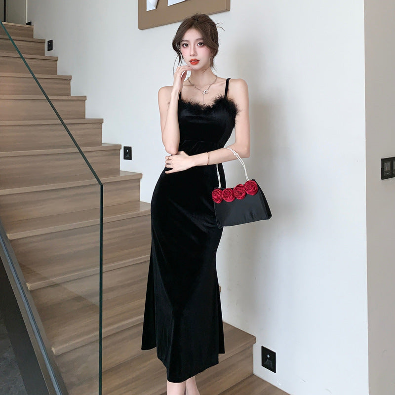 Dam Midiklänning V-hals Spaghetti Band Plüsch-3