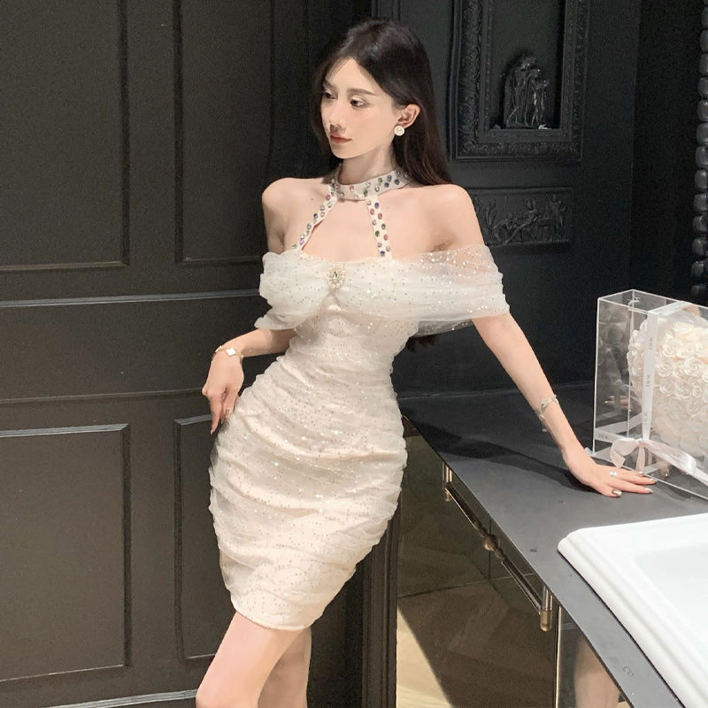 Dam Kort Klänning Halterneck Broderad Polyester för Sommarfest-2