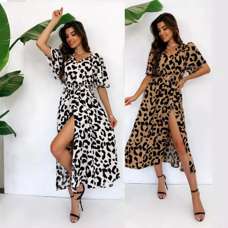 Kvinnors Midi Klänning V-ringning Långärmad Polyester Leopardmönster-2