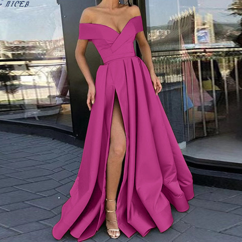 Variant image for Kvinnors Off-Shoulder Klänning Djup V-ringning Satin Kort Kjol-85