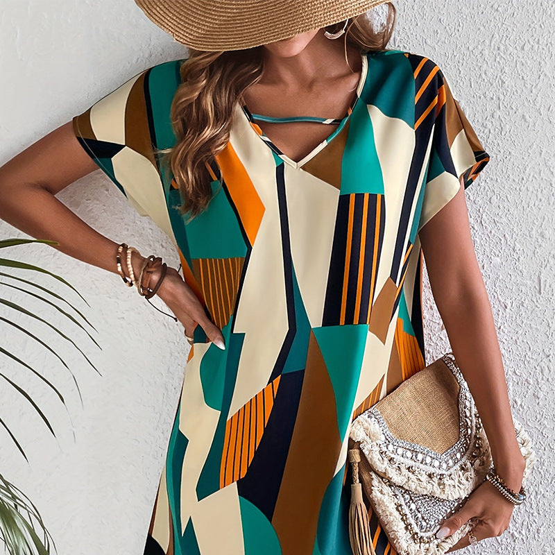 Damklänning A-Line Löst Passform Polyester med V-Hals och Korta Ärmar-4