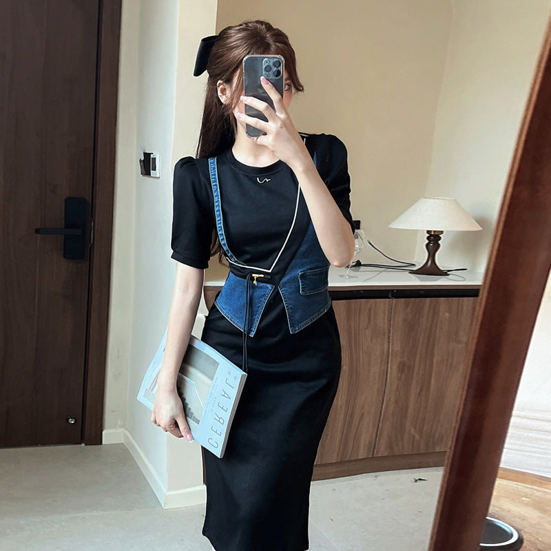 Dam Klänning Tvådelad Denim Färgblockering Regular Fit-2