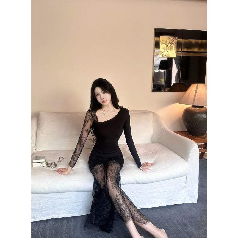 Dam Festtoppar Asymmetrisk Långärmad Polyester Elastan-4