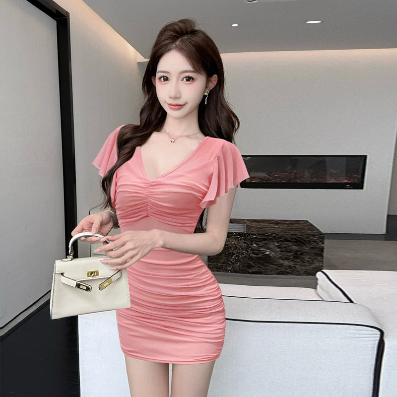 Kvinnors Mini Klänning V-ringning Polyester med Fjärilshylsor-2