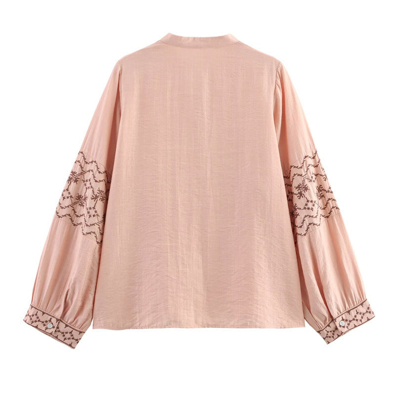 Dam Skjorta Broderad Långärmad Polyester-3