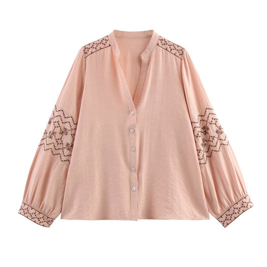 Dam Skjorta Broderad Långärmad Polyester-1