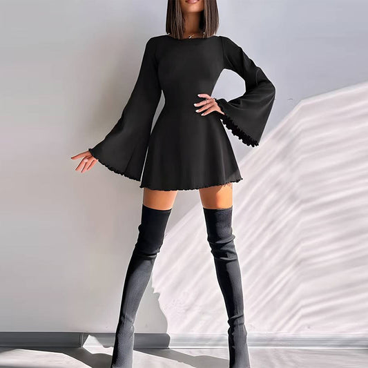 Dam Klänning Hög Midja Monokrom Polyester Elegant Långärmad-1