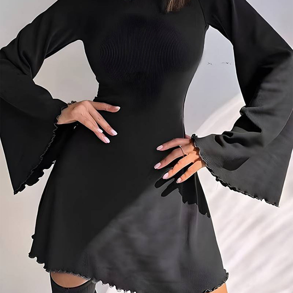 Dam Klänning Hög Midja Monokrom Polyester Elegant Långärmad-3